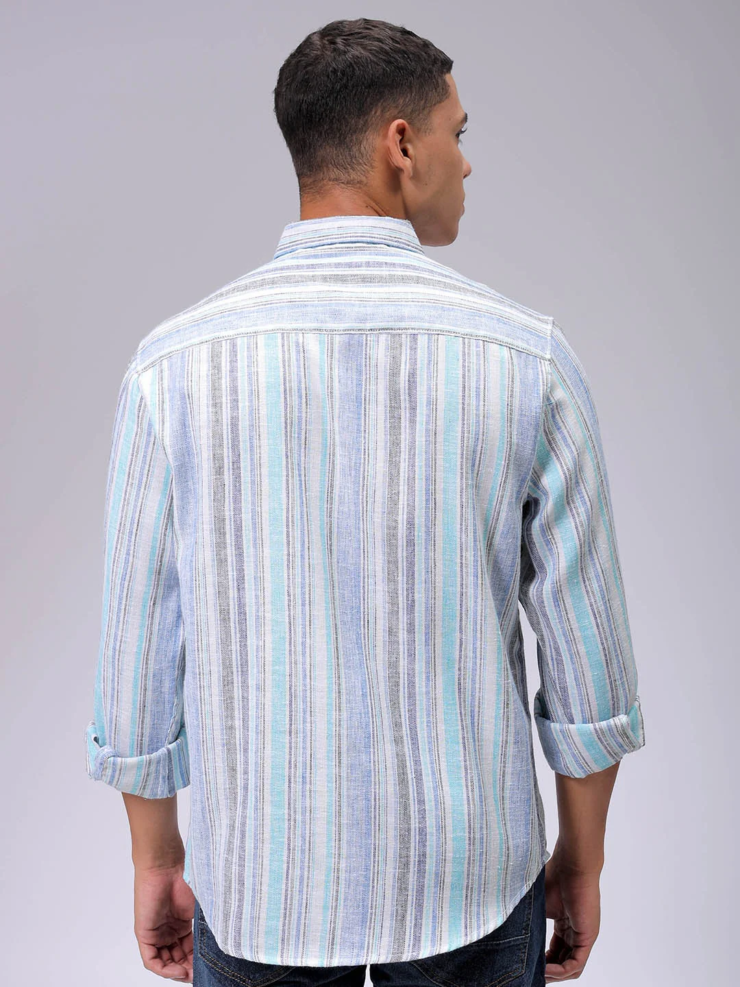 Men's Blue Slim Fit Striped Casual Shirt - Image 5