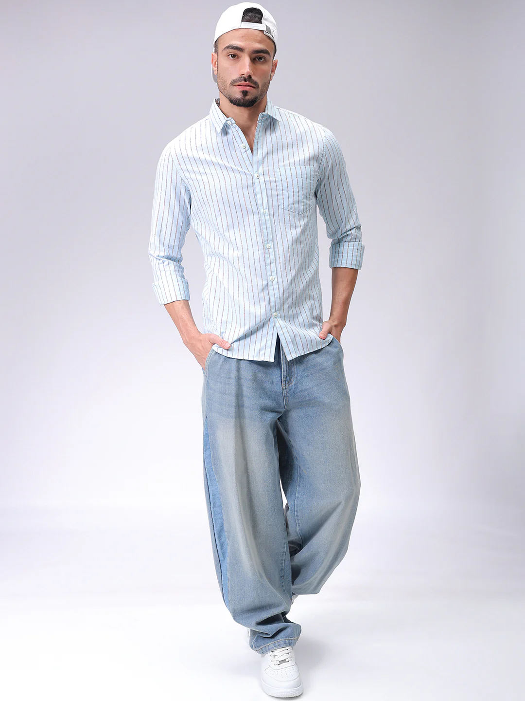 Men's Blue Slim Fit Striped Casual Shirt - Image 3