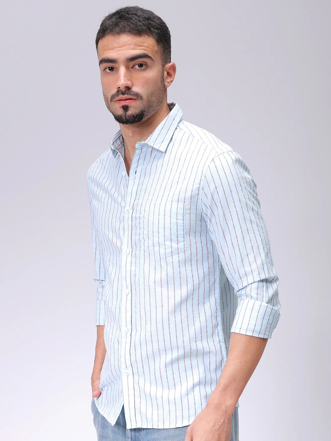 Men's Blue Slim Fit Striped Casual Shirt - Image 4