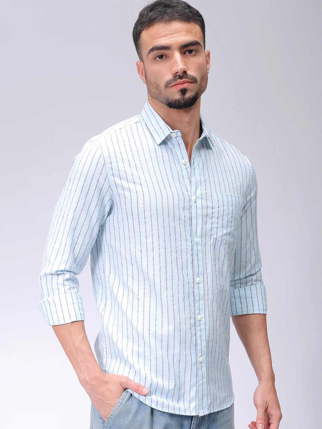 Men's Blue Slim Fit Striped Casual Shirt - Image 5