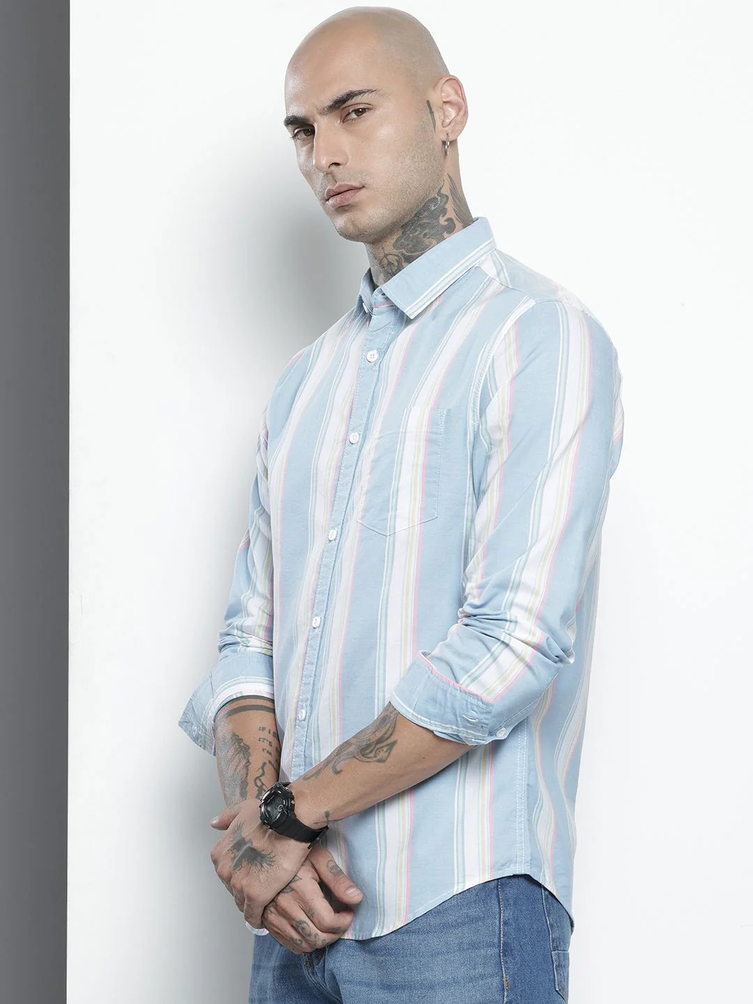 Men's Blue Slim Fit Striped Striped Shirt - Image 2