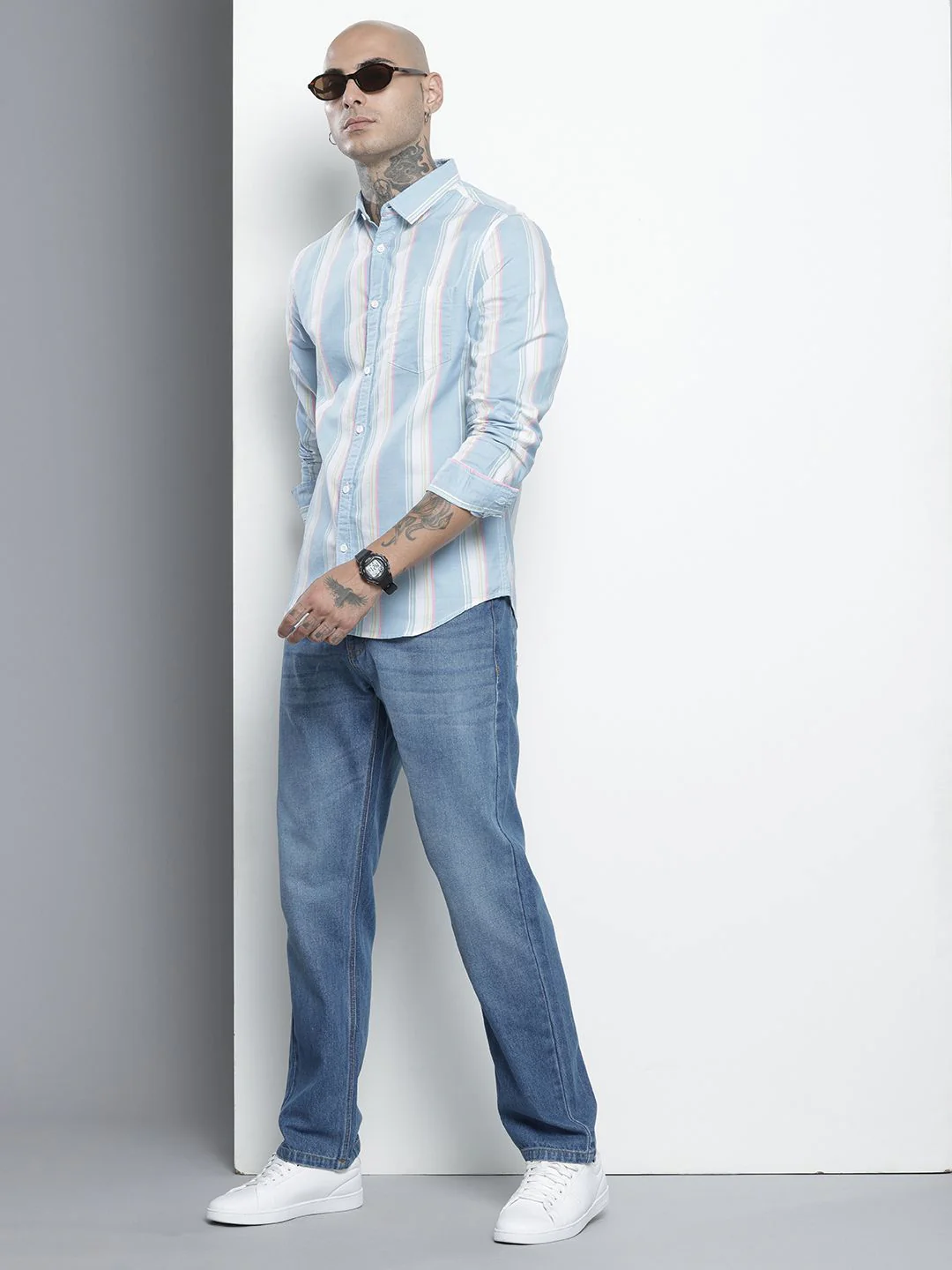 Men's Blue Slim Fit Striped Striped Shirt - Image 3