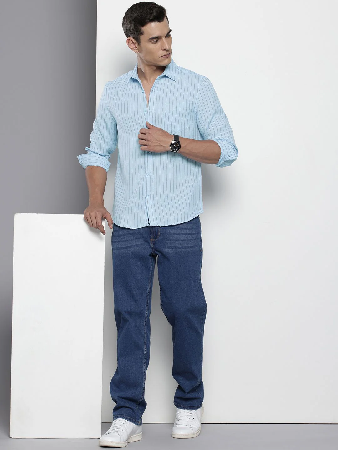 Men's Blue Slim Fit Striped Casual Shirt - Image 2