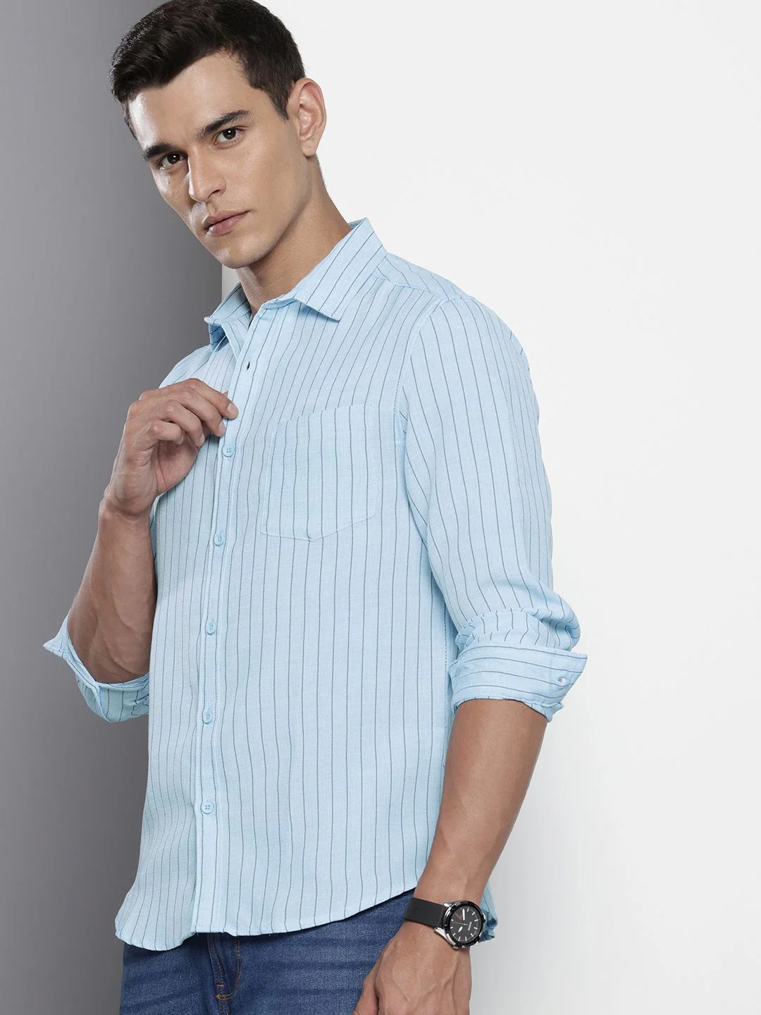 Men's Blue Slim Fit Striped Casual Shirt - Image 3