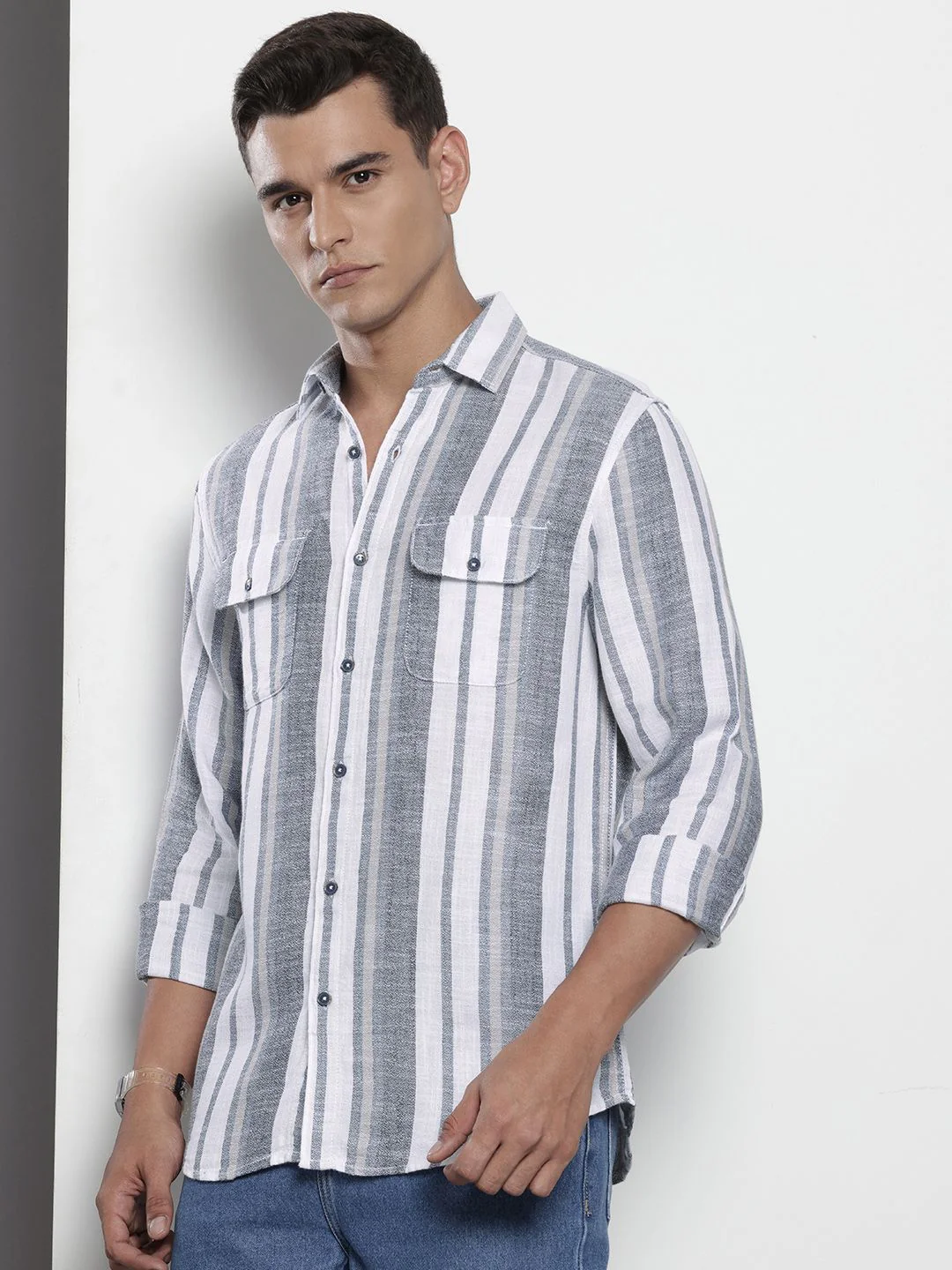Men's Grey Slim Fit Striped Casual Shirt - Image 2