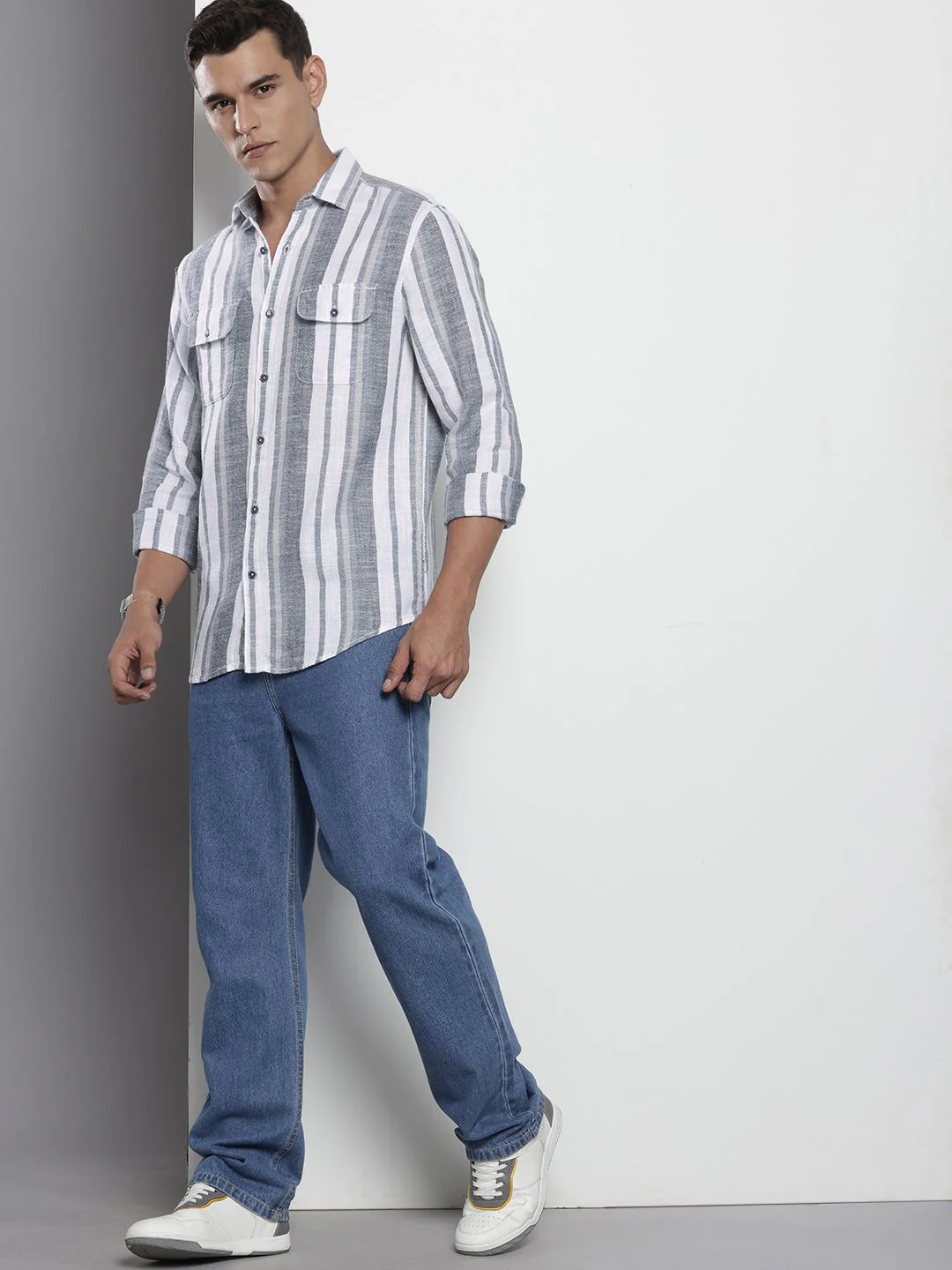 Men's Grey Slim Fit Striped Casual Shirt - Image 3