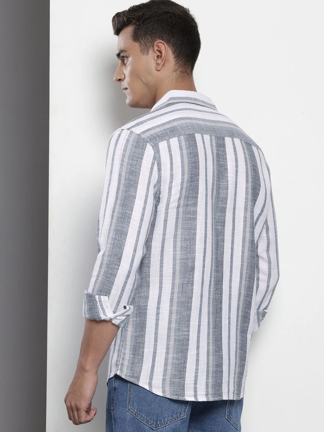 Men's Grey Slim Fit Striped Casual Shirt - Image 4