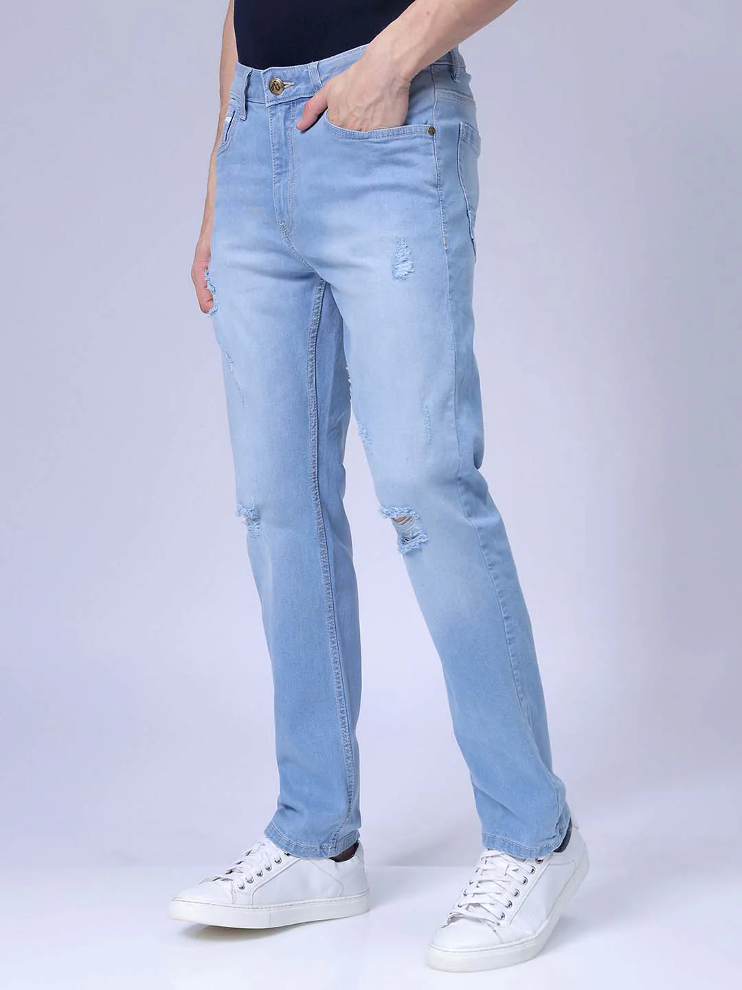 Men's Light Blue Slim Fit Solid Casual Jeans - Image 2