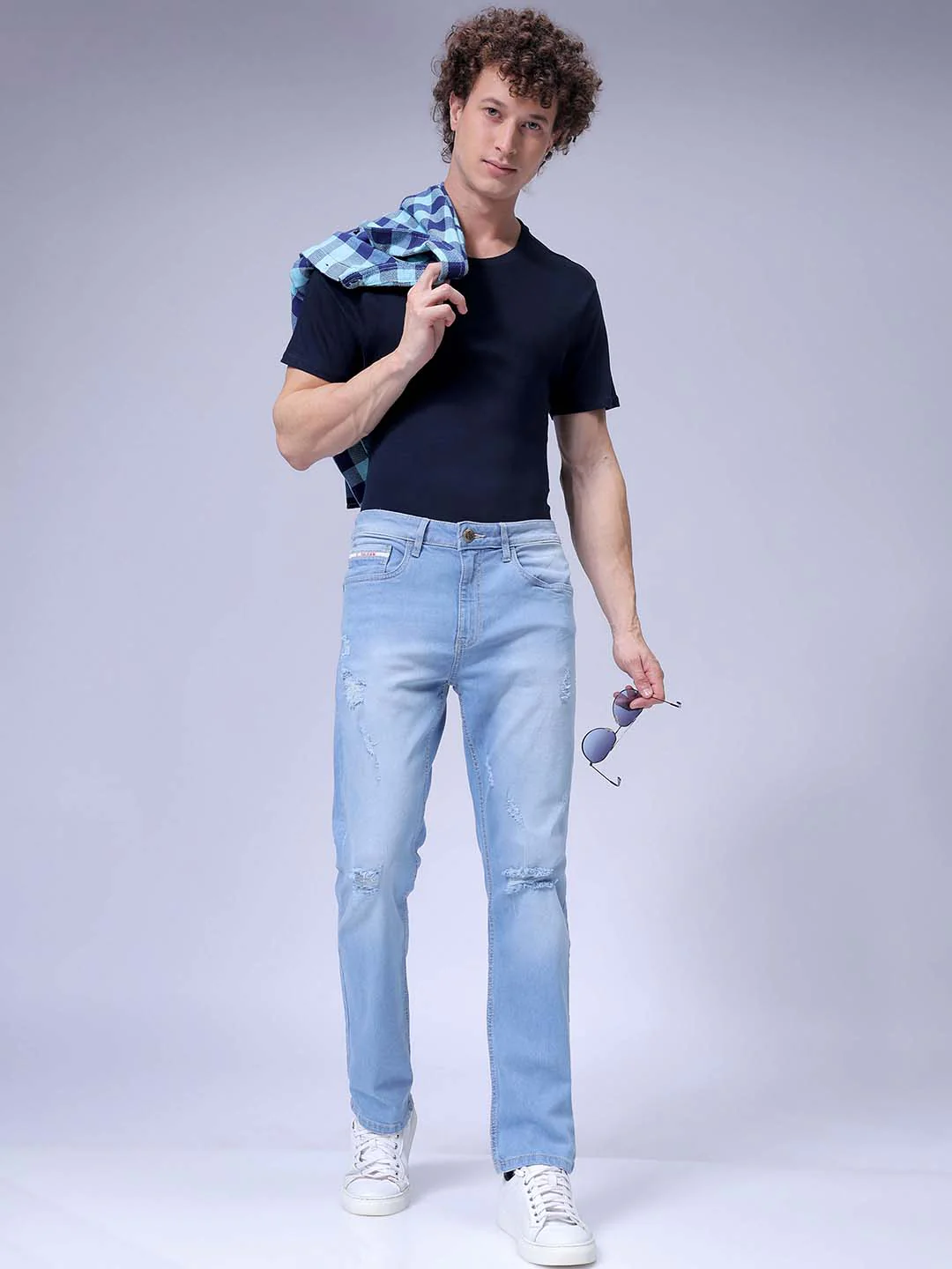 Men's Light Blue Slim Fit Solid Casual Jeans - Image 8