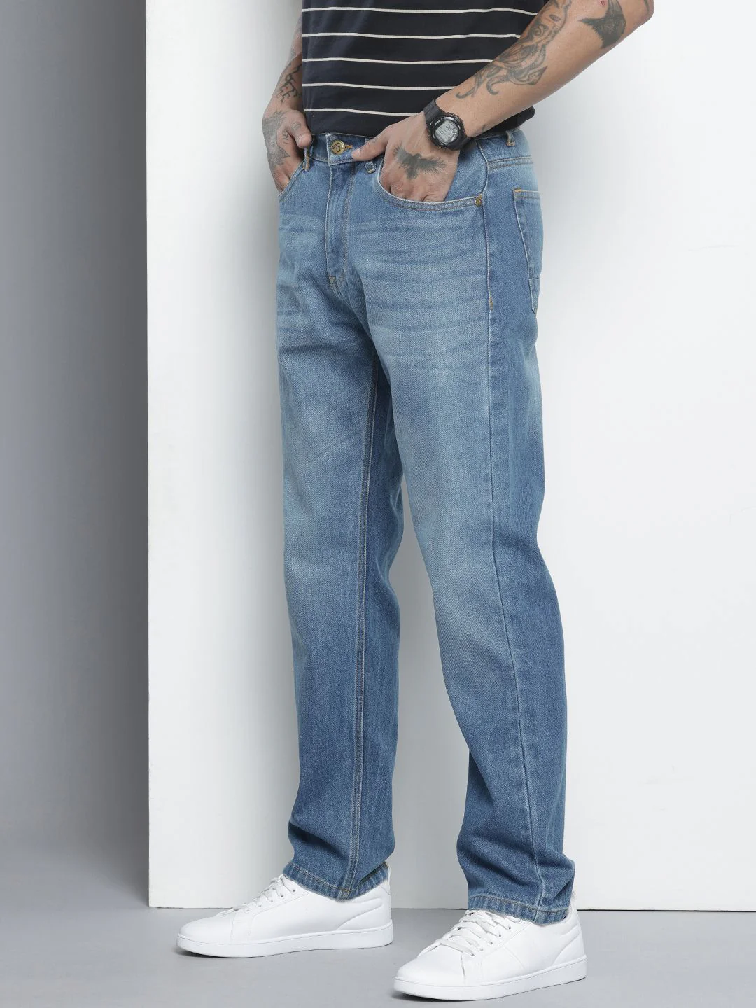 Men's Blue Regular Fit Solid Casual Jeans - Image 3