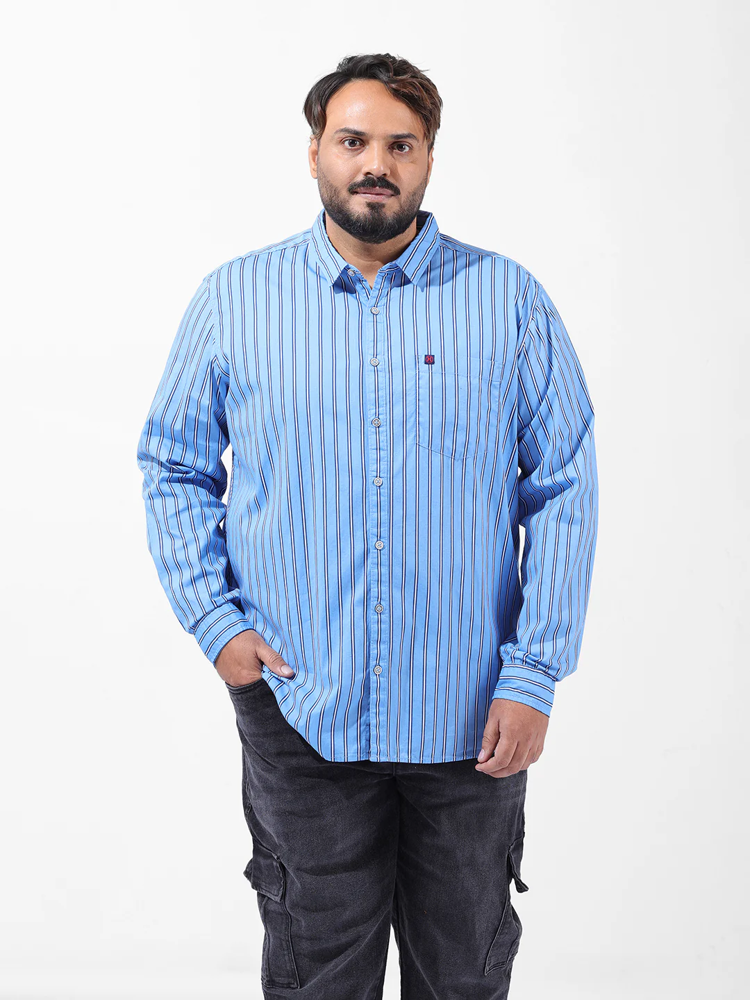 Men's Blue Regular Fit Striped Casual Shirt - Image 6