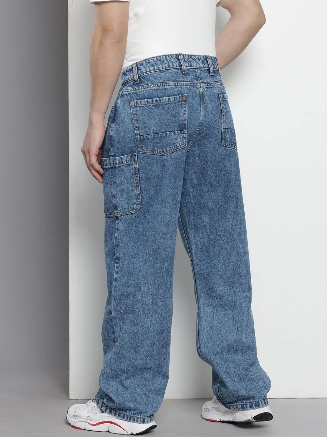 Men's Blue Wide Leg Fit Solid Utility Jeans - Image 3