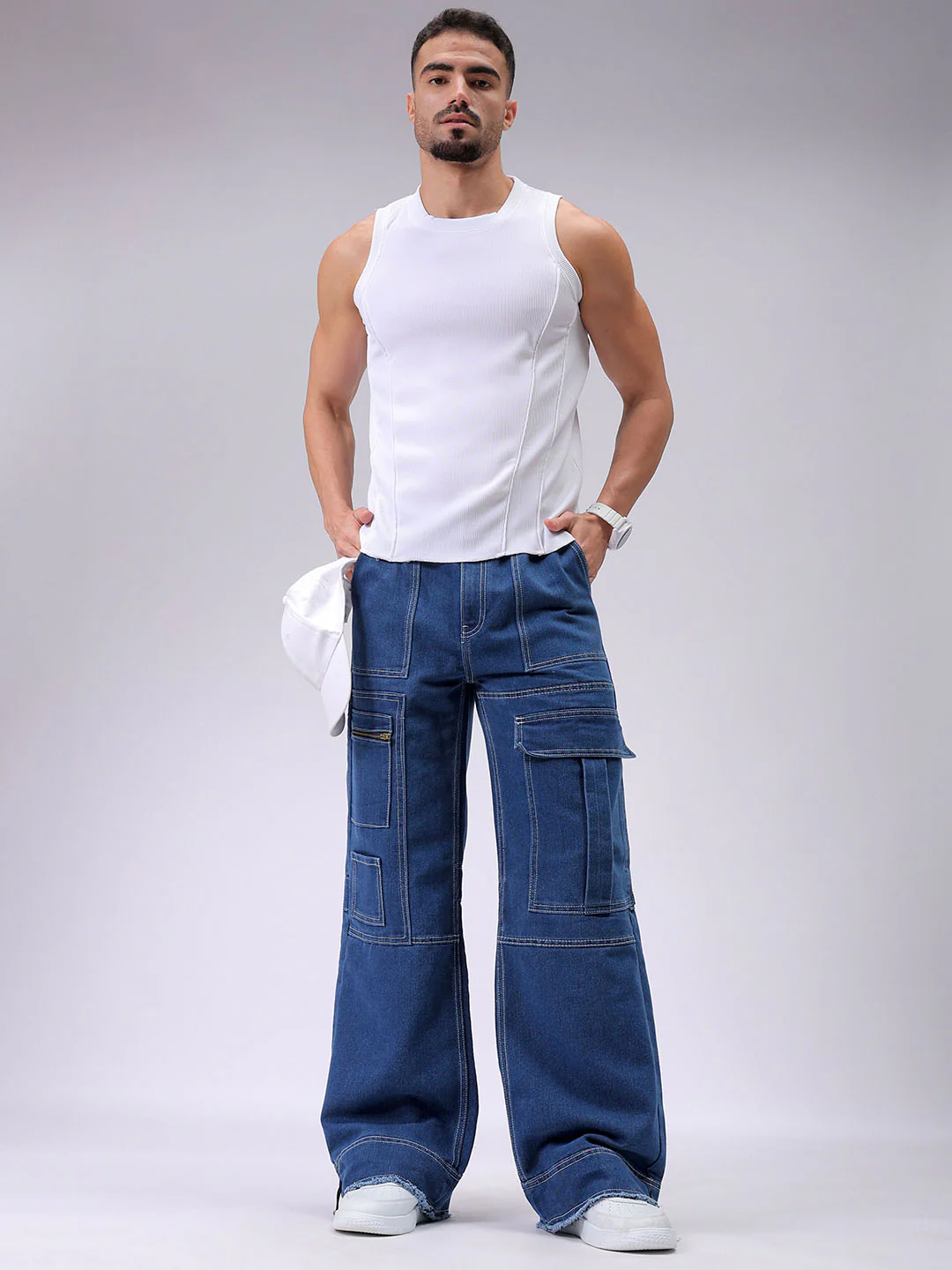 Men's Blue Wide Leg Fit Solid Utility Jeans - Image 2