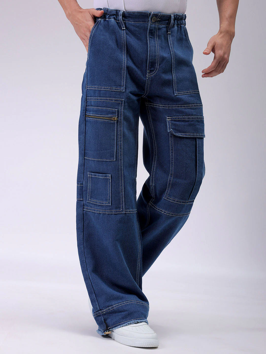 Men's Blue Wide Leg Fit Solid Utility Jeans - Image 3