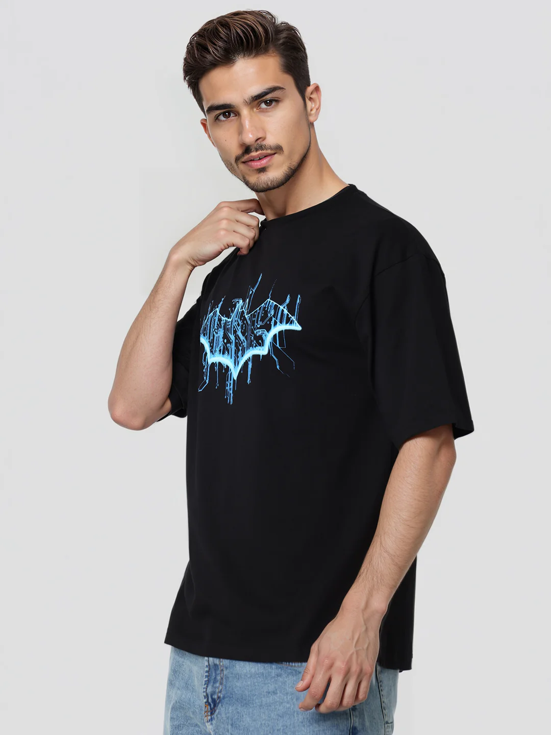Men's Black Boxy Fit Character Biker Printed T-Shirt - Image 2