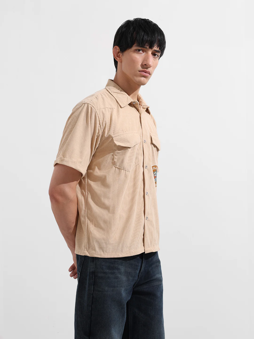 Men's Beige Boxy Fit Solid Character Shirt - Image 3