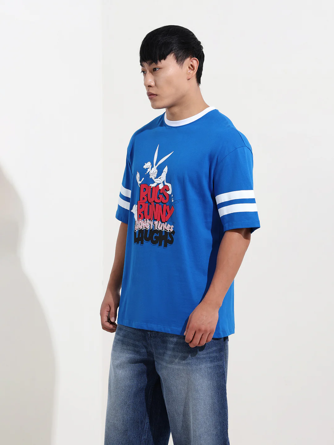 Men's Blue Boxy Fit Character Bugs Bunny Printed Crew Neck T-Shirt - Image 3