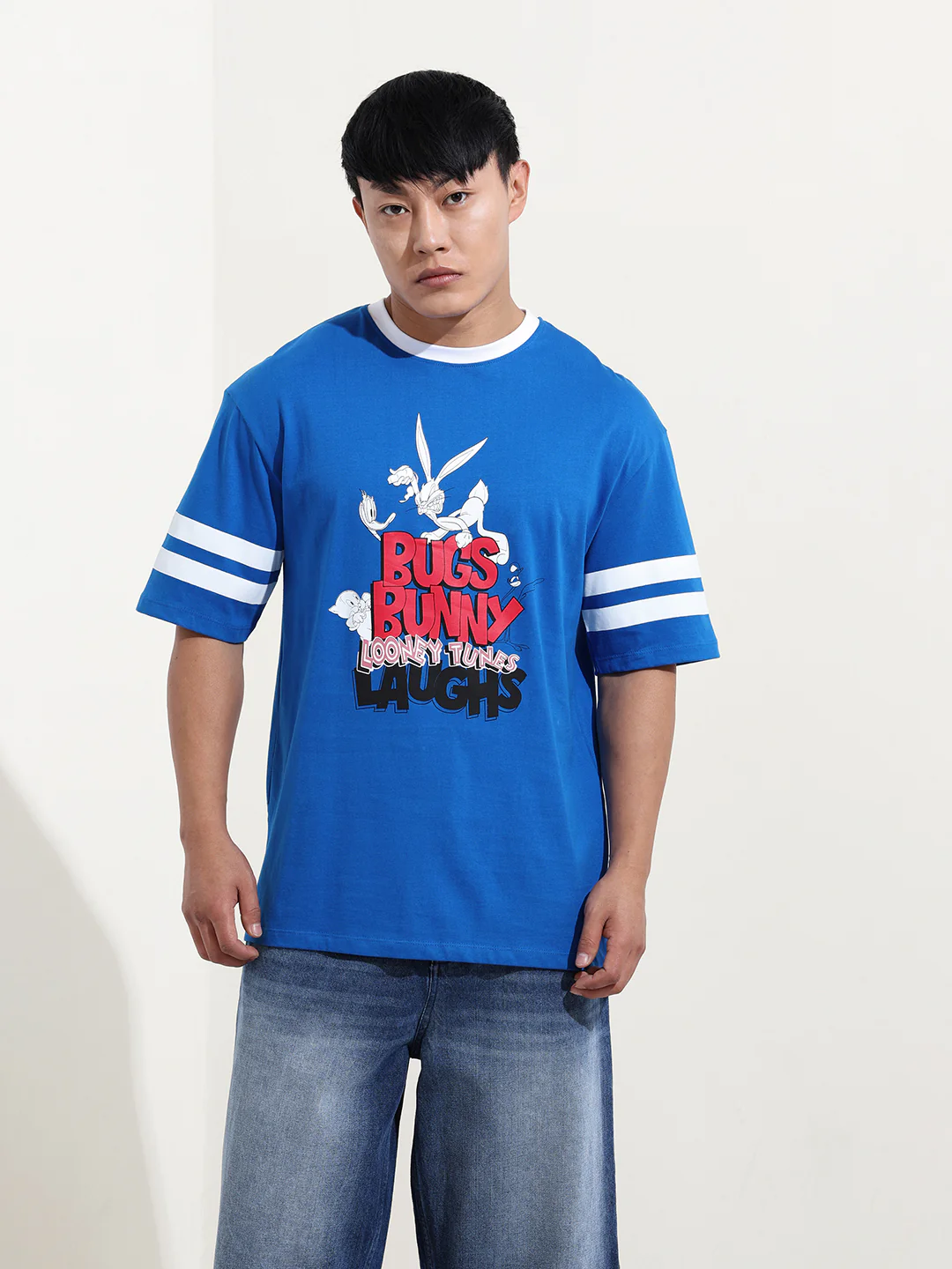 Men's Blue Boxy Fit Character Bugs Bunny Printed Crew Neck T-Shirt - Image 6