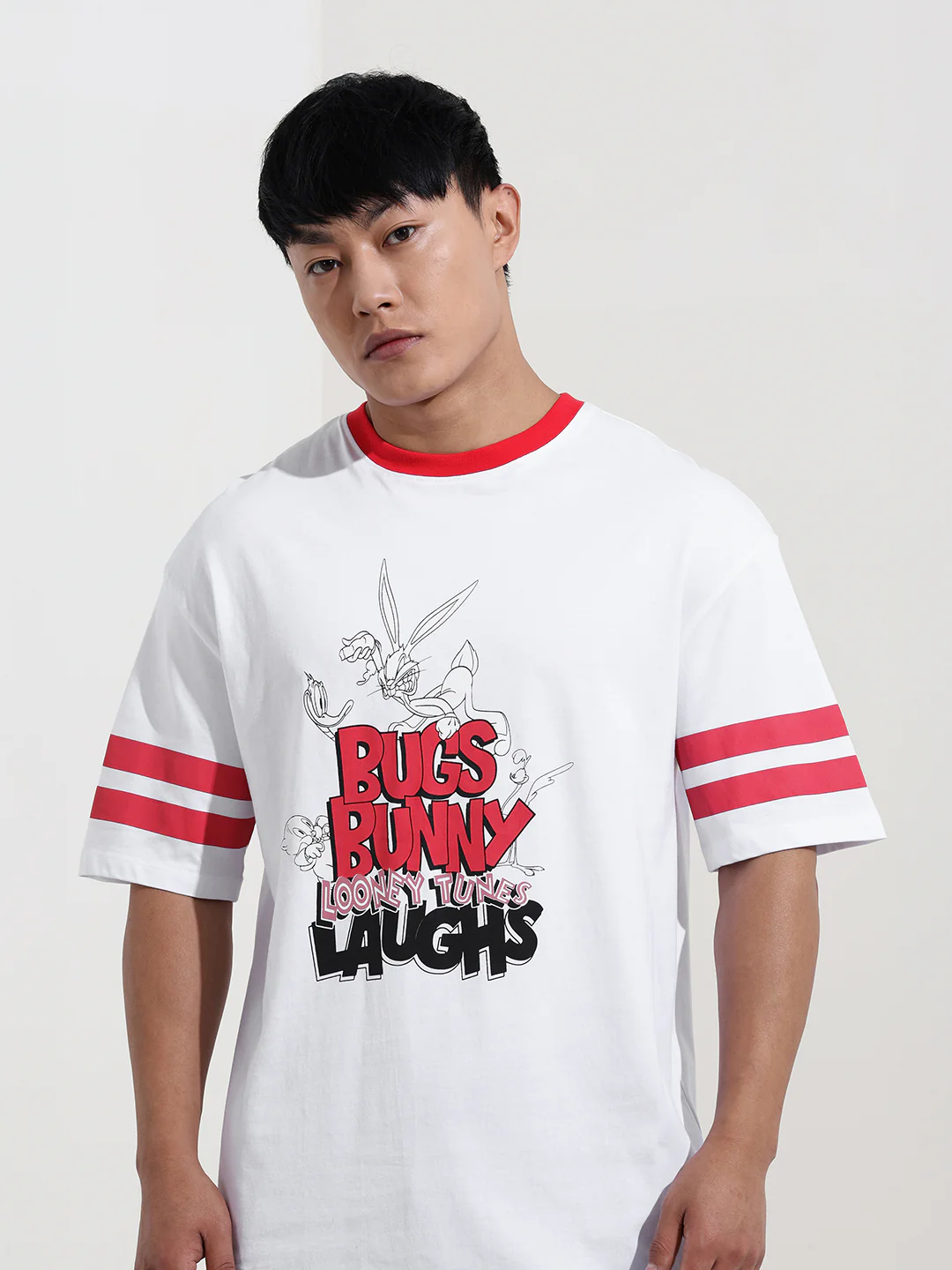 Men's White Boxy Fit Character Bugs Bunny Printed Crew Neck T-Shirt - Image 5