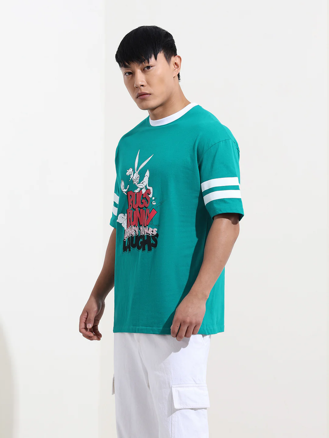 Men's Green Boxy Fit Character Bugs Bunny Printed Crew Neck T-Shirt - Image 3