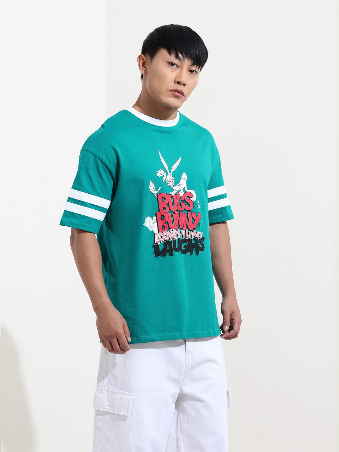 Men's Green Boxy Fit Character Bugs Bunny Printed Crew Neck T-Shirt - Image 4