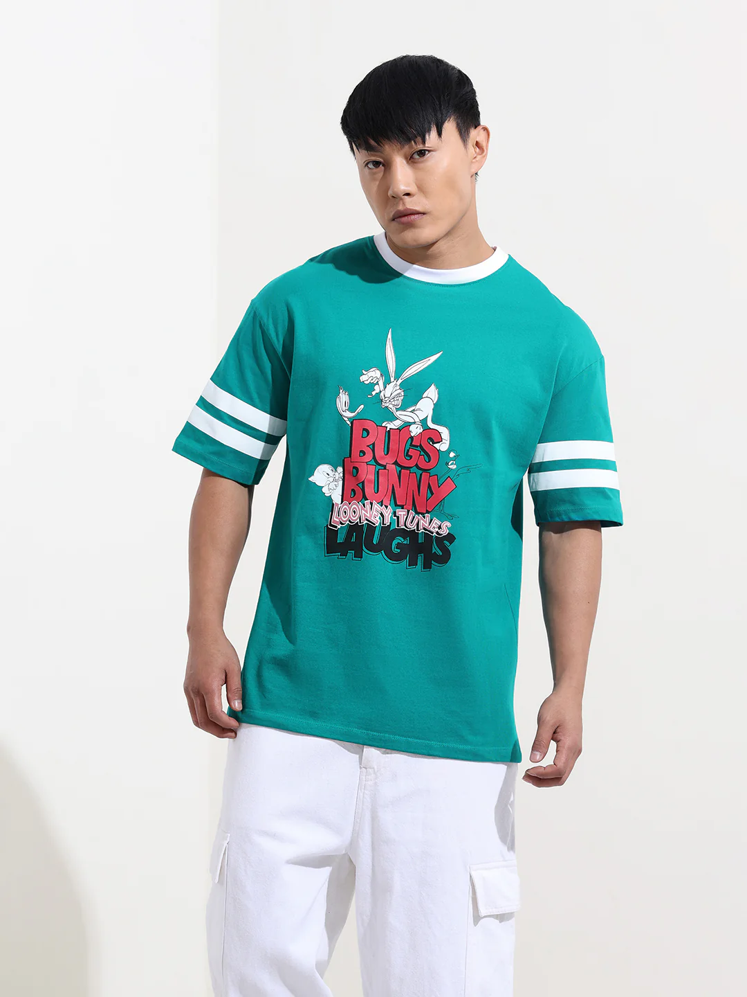 Men's Green Boxy Fit Character Bugs Bunny Printed Crew Neck T-Shirt - Image 6