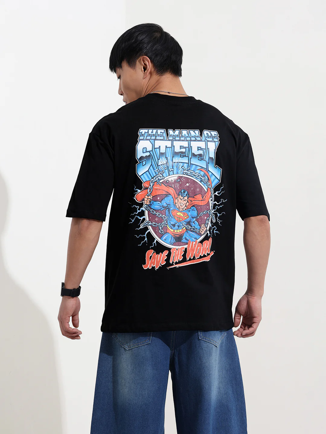 Men's Black Boxy Fit Character Superman Printed Crew Neck T-Shirt - Image 4