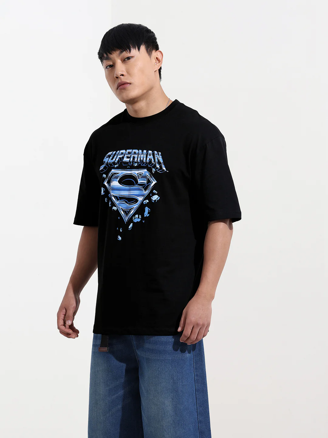 Men's Black Boxy Fit Character Superman Printed Crew Neck T-Shirt - Image 6