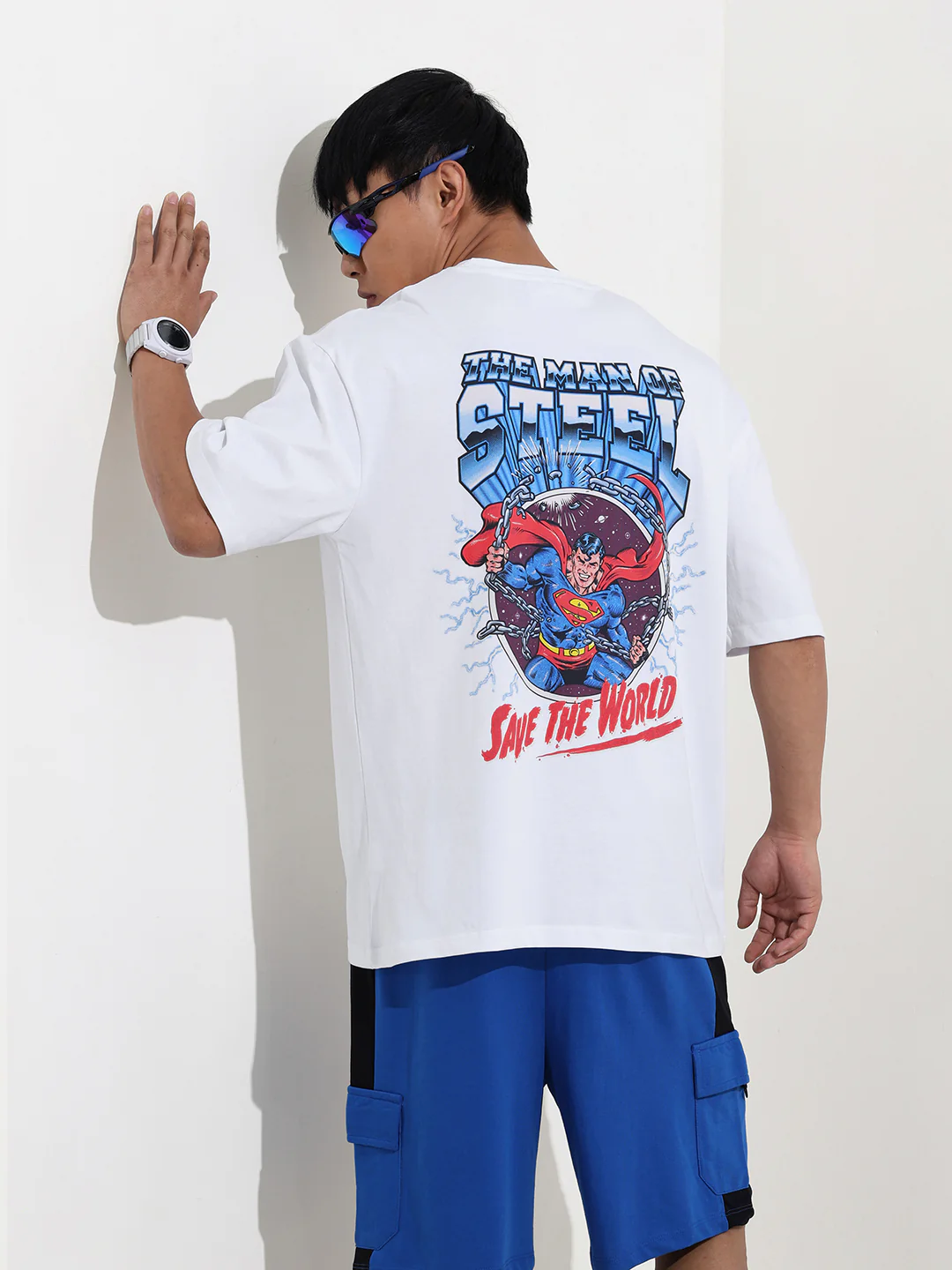 Men's White Boxy Fit Character Superman Printed Crew Neck T-Shirt - Image 3