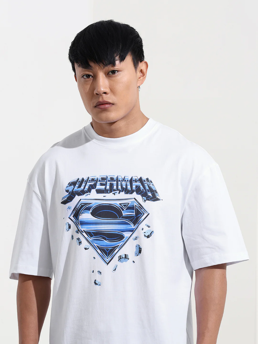 Men's White Boxy Fit Character Superman Printed Crew Neck T-Shirt - Image 6