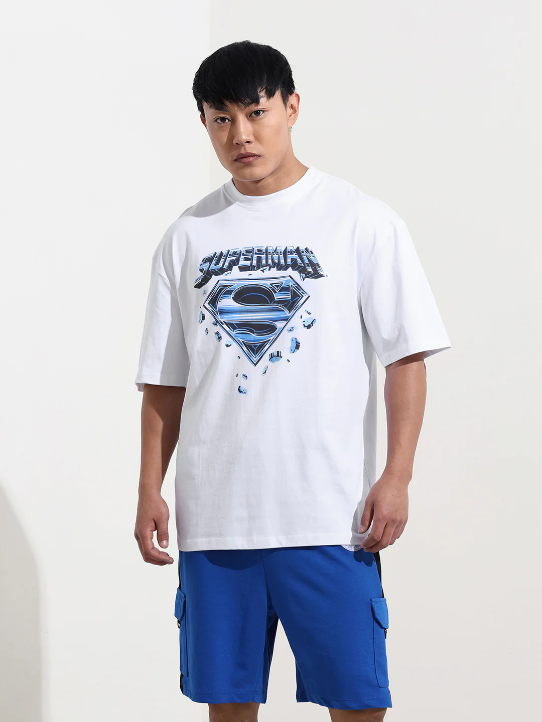 Men's White Boxy Fit Character Superman Printed Crew Neck T-Shirt - Image 7