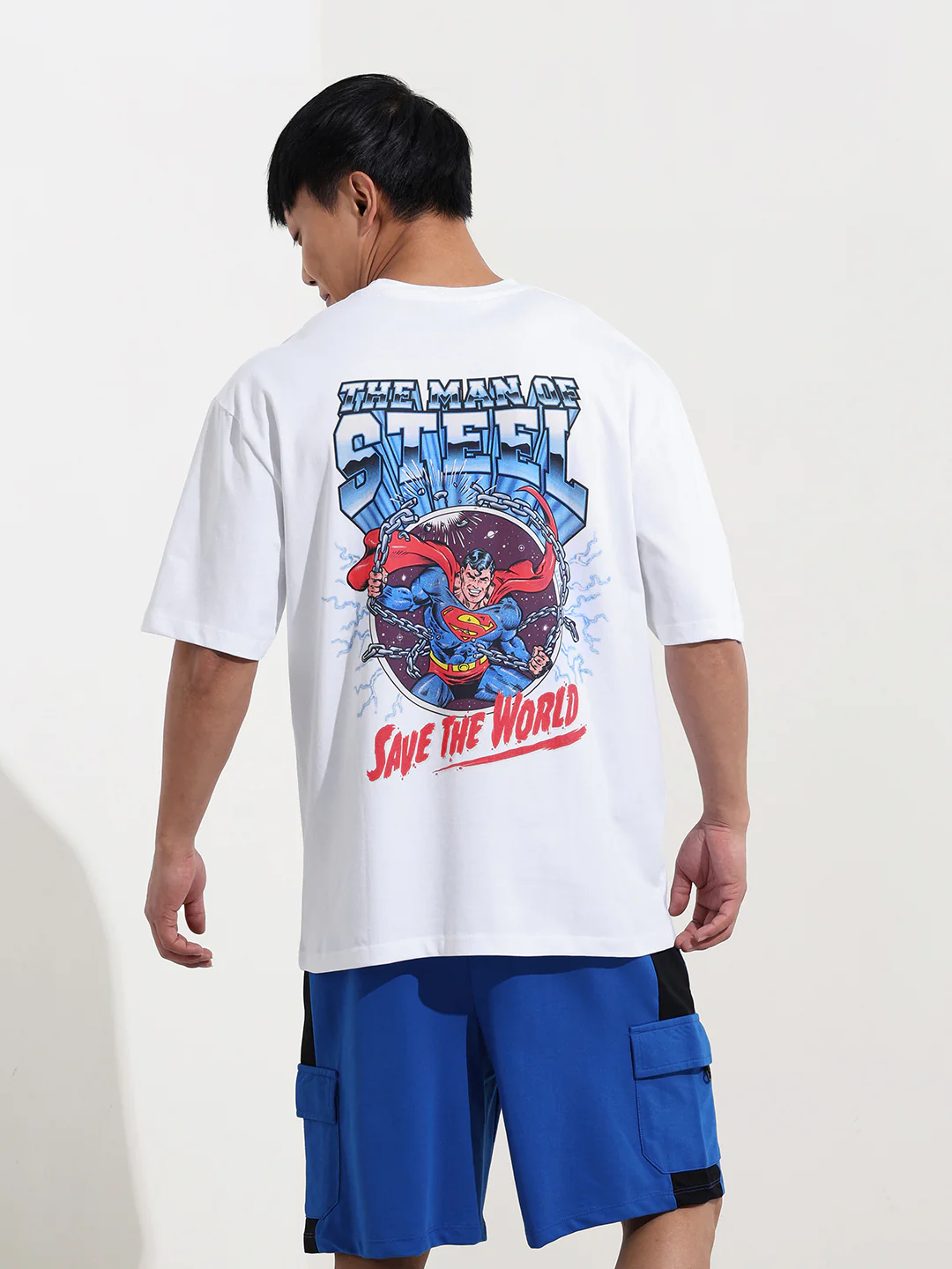 Men's White Boxy Fit Character Superman Printed Crew Neck T-Shirt - Image 8