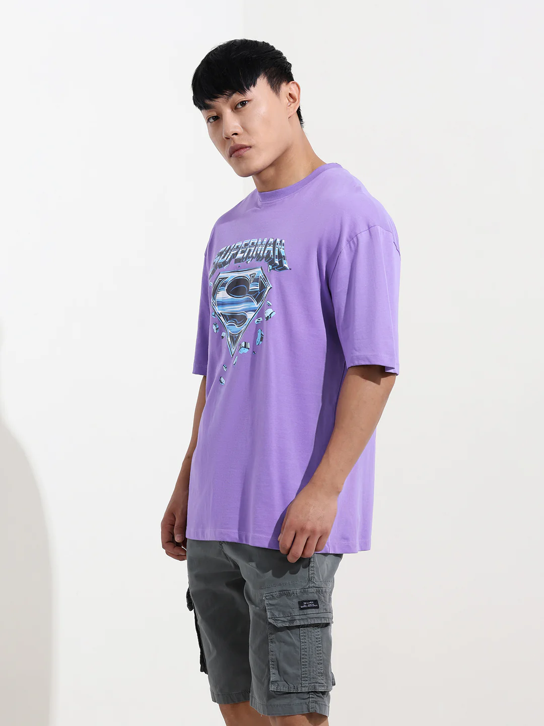 Men's Purple Boxy Fit Character Superman Printed Crew Neck T-Shirt - Image 3