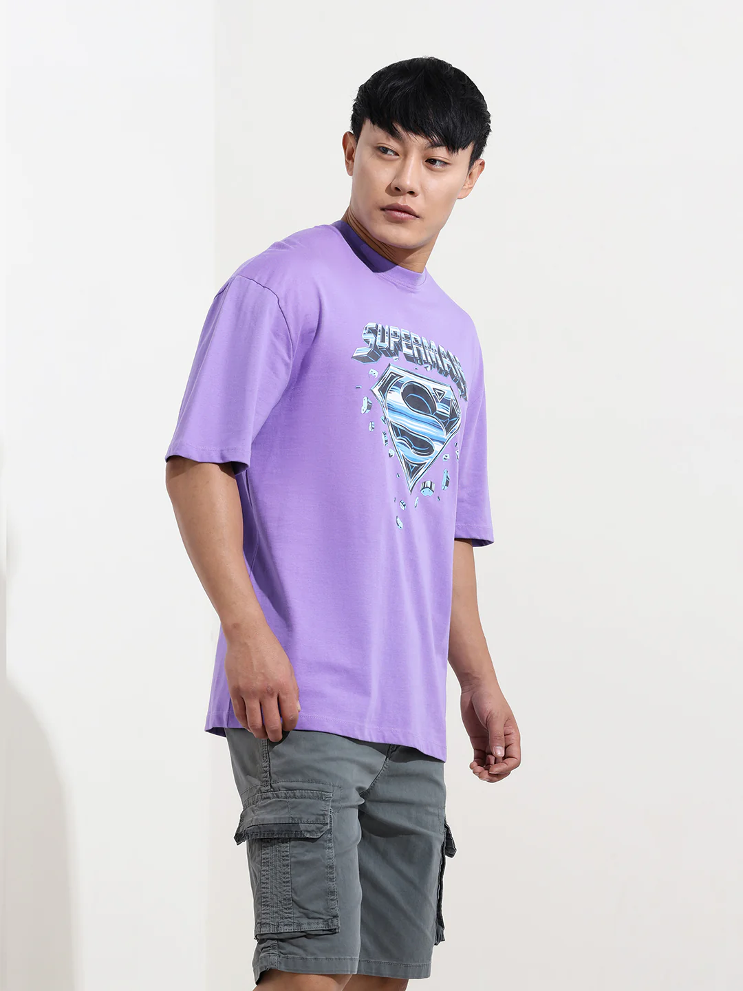Men's Purple Boxy Fit Character Superman Printed Crew Neck T-Shirt - Image 4