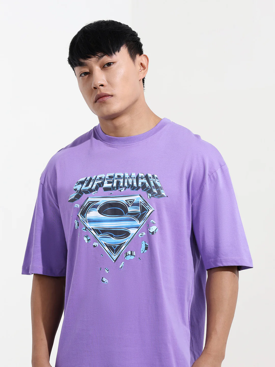 Men's Purple Boxy Fit Character Superman Printed Crew Neck T-Shirt - Image 5