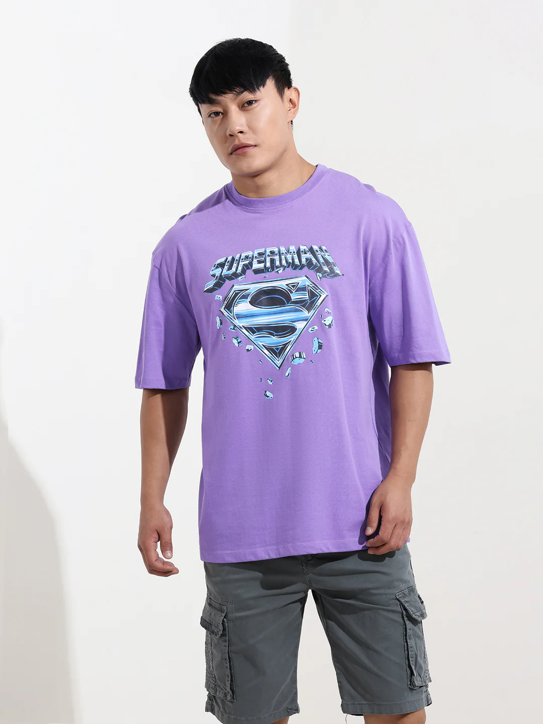 Men's Purple Boxy Fit Character Superman Printed Crew Neck T-Shirt - Image 6