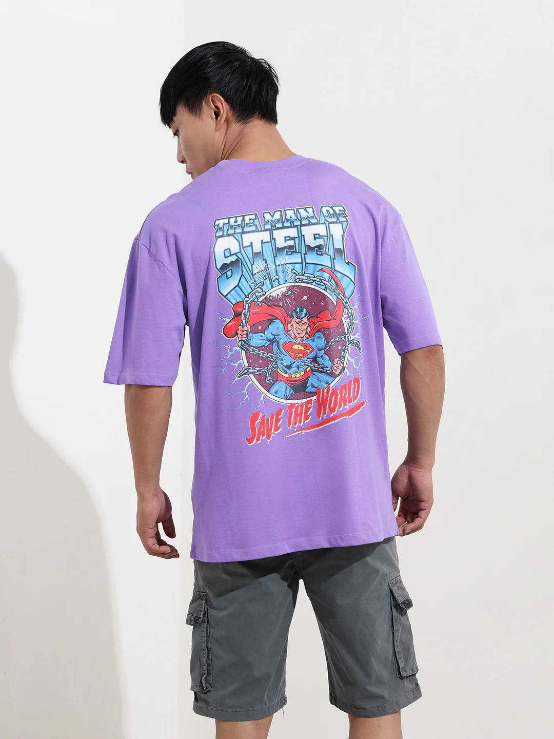 Men's Purple Boxy Fit Character Superman Printed Crew Neck T-Shirt - Image 7