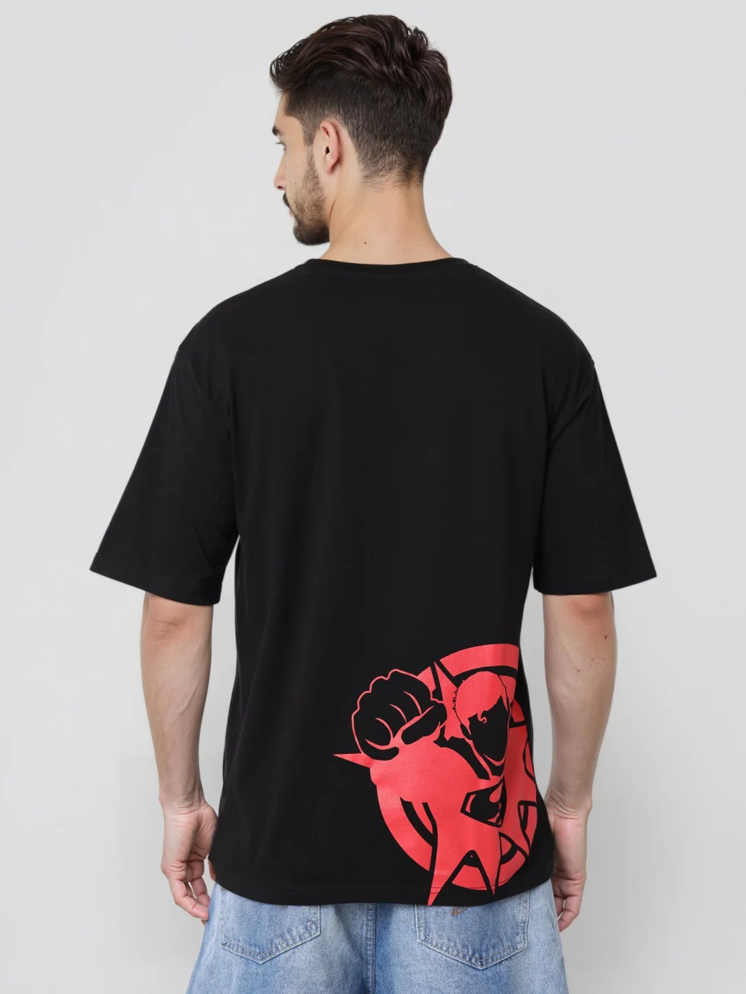 Men's Black Boxy Fit Character Superman Printed Crew Neck T-Shirt - Image 3