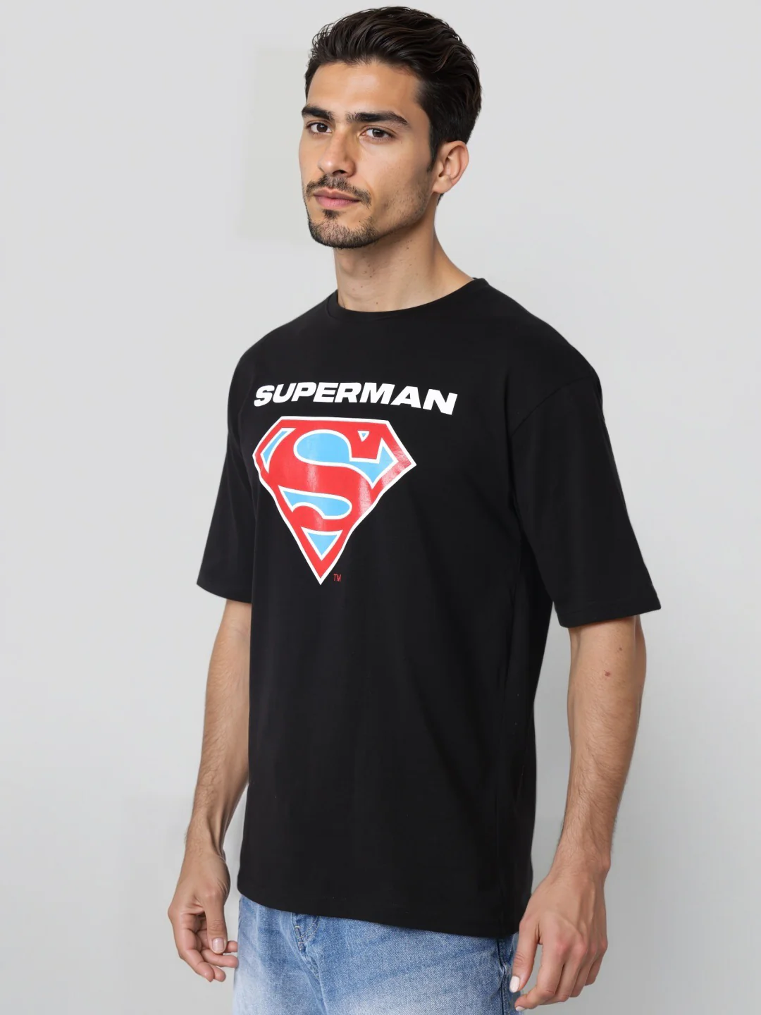Men's Black Boxy Fit Character Superman Printed Crew Neck T-Shirt - Image 4