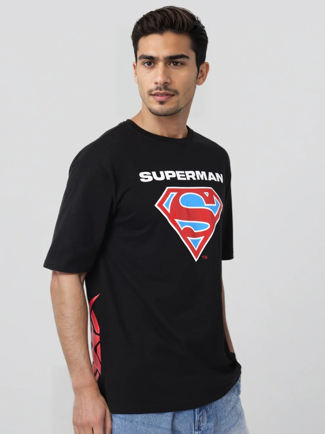 Men's Black Boxy Fit Character Superman Printed Crew Neck T-Shirt - Image 5