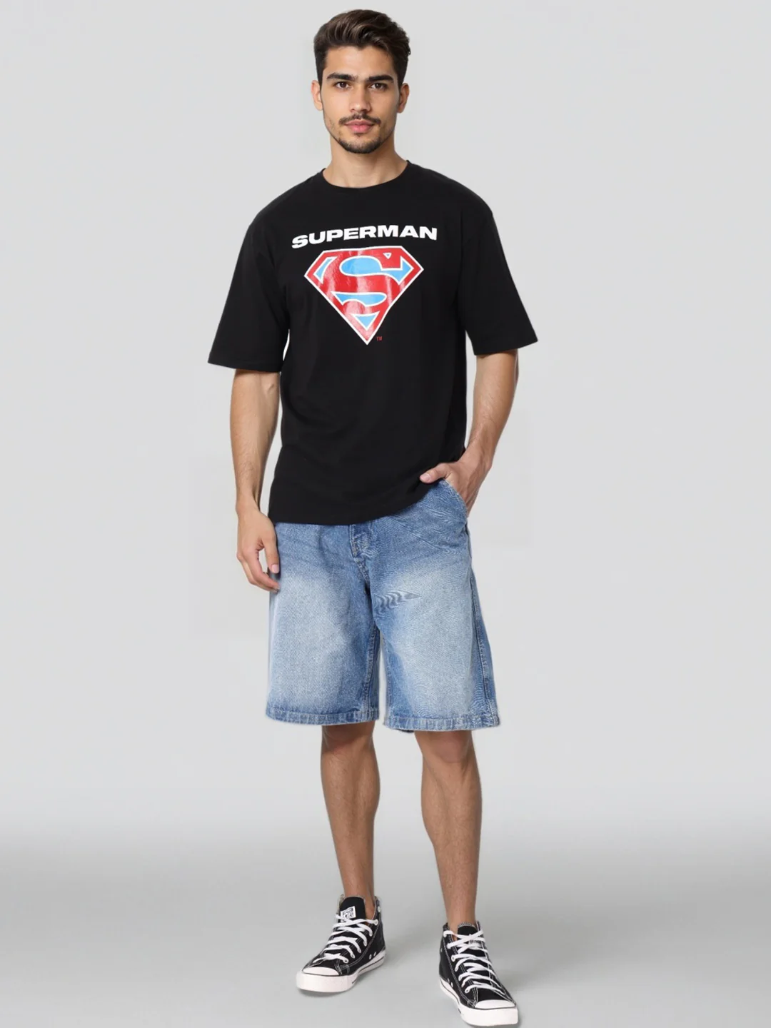 Men's Black Boxy Fit Character Superman Printed Crew Neck T-Shirt - Image 8