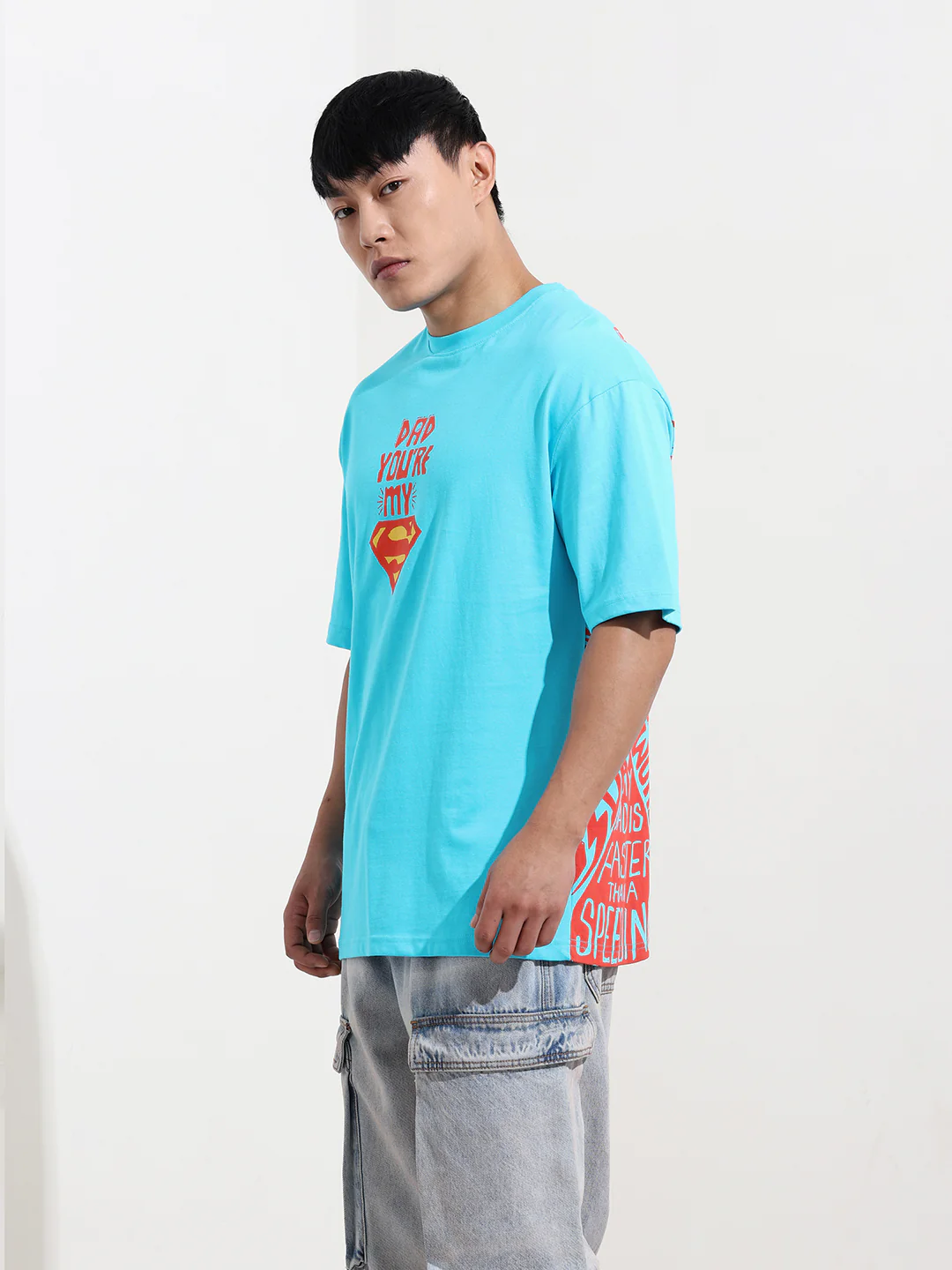 Men's Blue Boxy Fit Character Superman Printed Crew Neck T-Shirt - Image 3