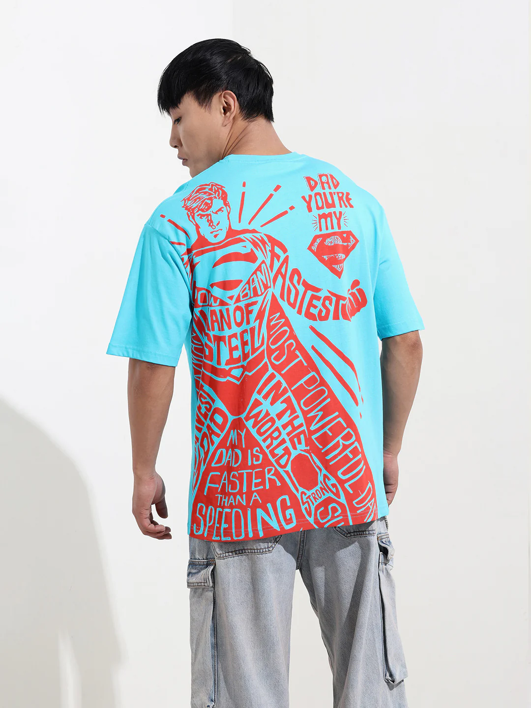 Men's Blue Boxy Fit Character Superman Printed Crew Neck T-Shirt - Image 7
