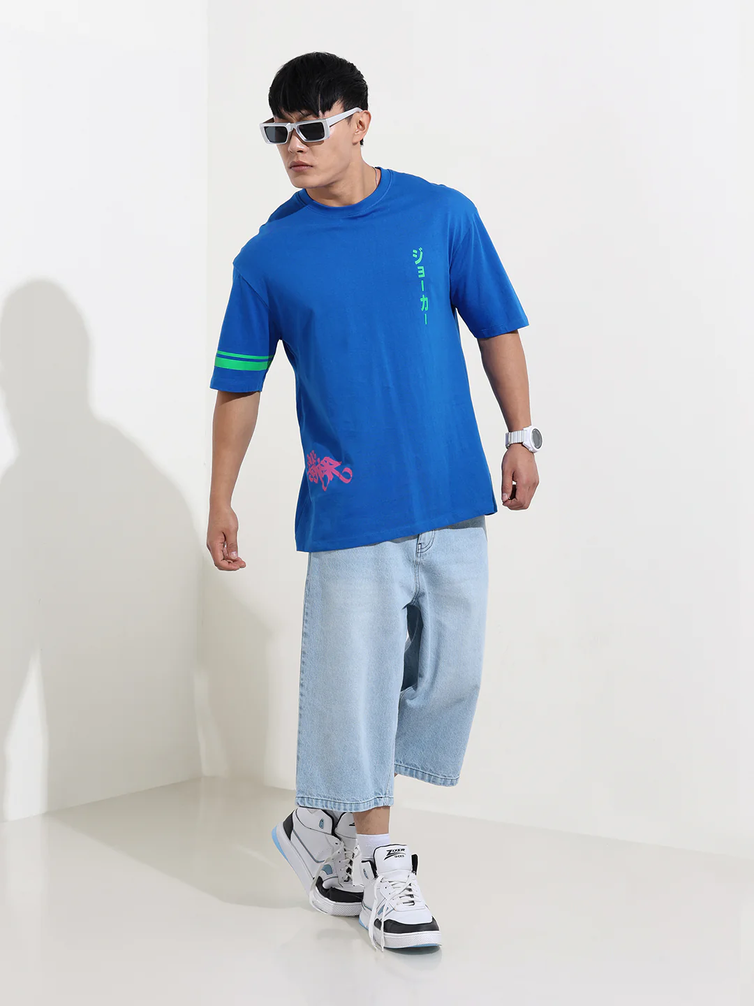 Men's Blue Boxy Fit Joker Character Printed Crew Neck T-Shirt - Image 2