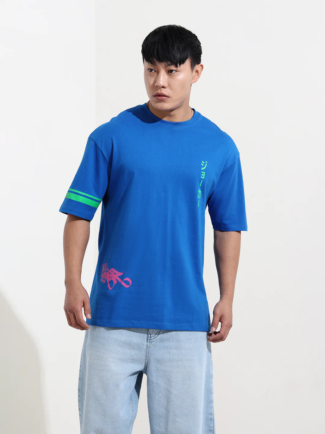 Men's Blue Boxy Fit Joker Character Printed Crew Neck T-Shirt - Image 6