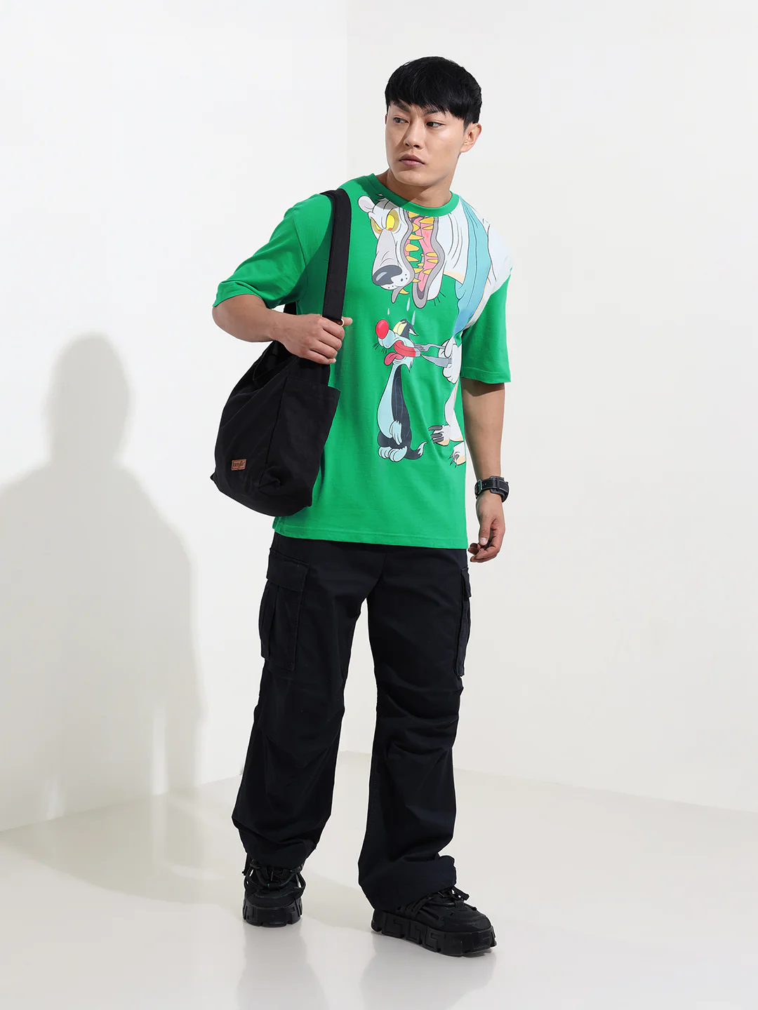 Men's Green Boxy Fit Loony Tunes Character Printed Crew Neck T-Shirt - Image 2