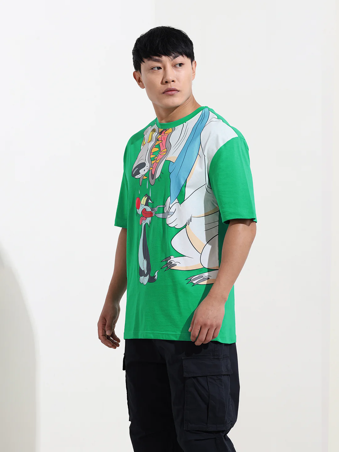 Men's Green Boxy Fit Loony Tunes Character Printed Crew Neck T-Shirt - Image 3