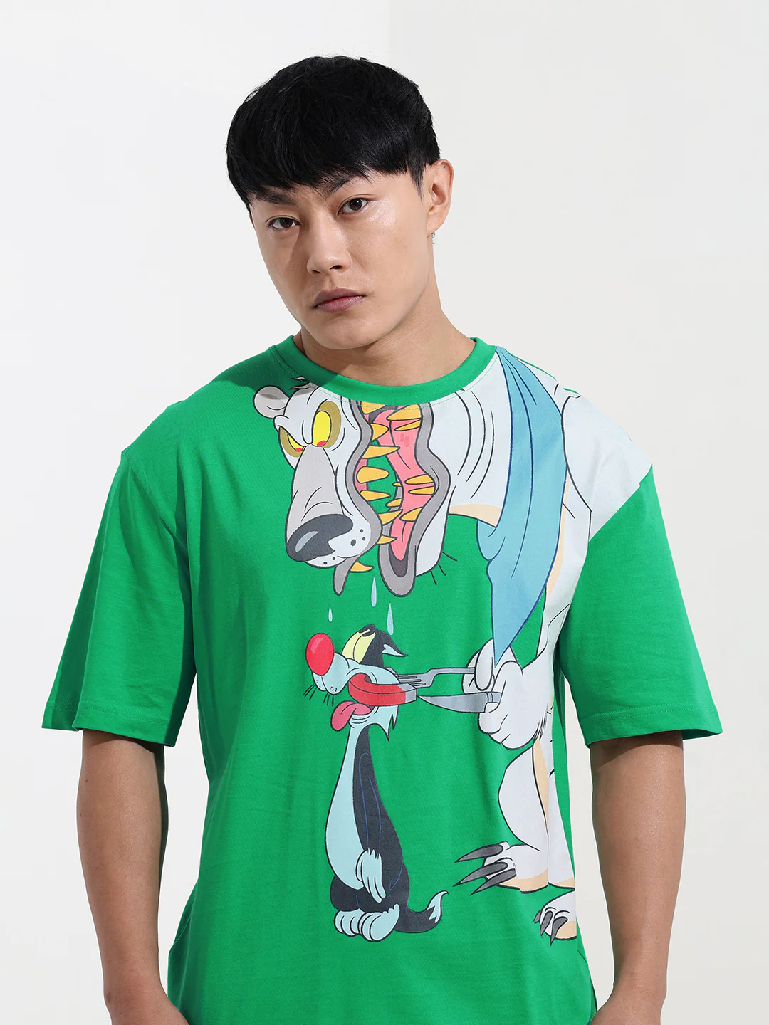 Men's Green Boxy Fit Loony Tunes Character Printed Crew Neck T-Shirt - Image 5