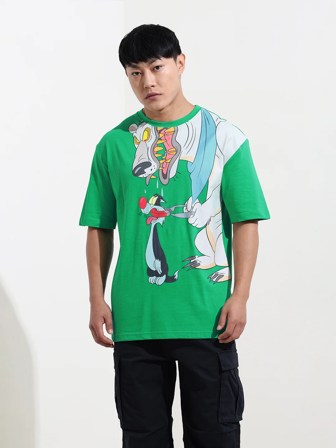 Men's Green Boxy Fit Loony Tunes Character Printed Crew Neck T-Shirt - Image 6