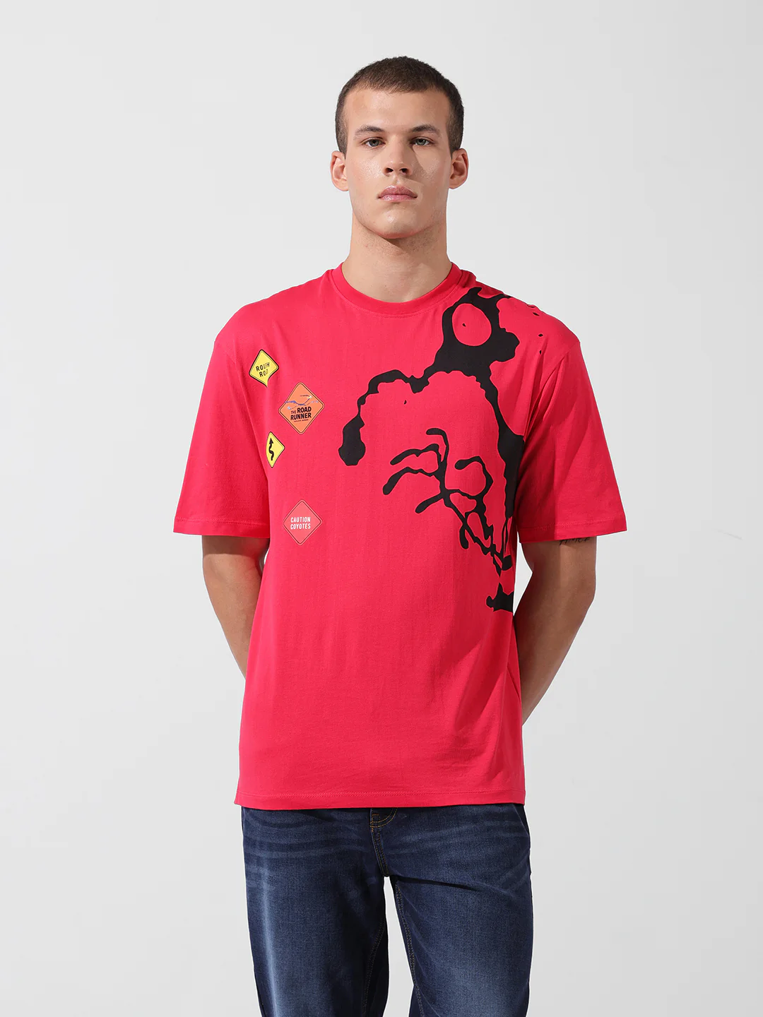 Men's Pink Boxy Fit Solid Looney Tunes  Crew Neck T-Shirt - Image 6